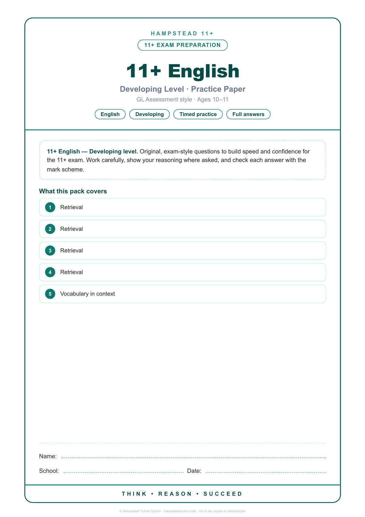 Hampstead 11+ English · Developing