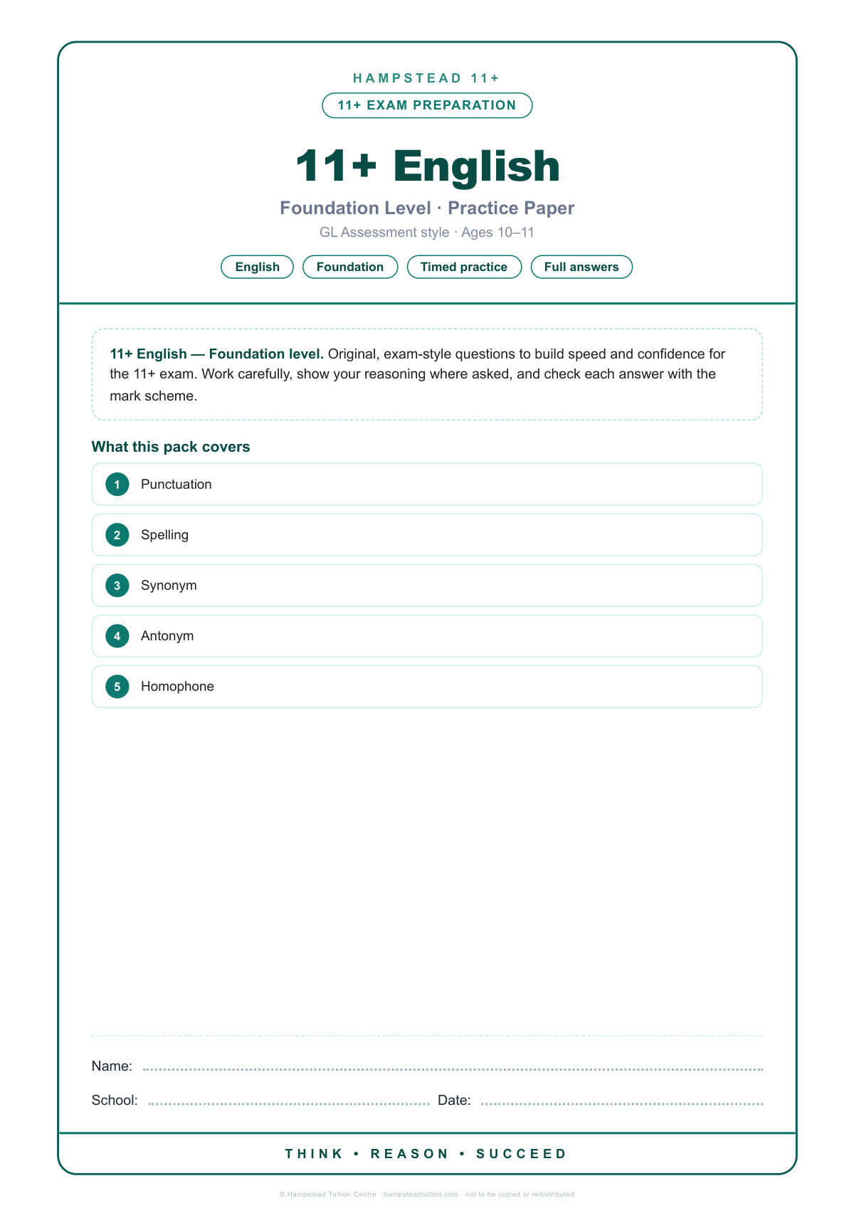 Hampstead 11+ English · Foundation