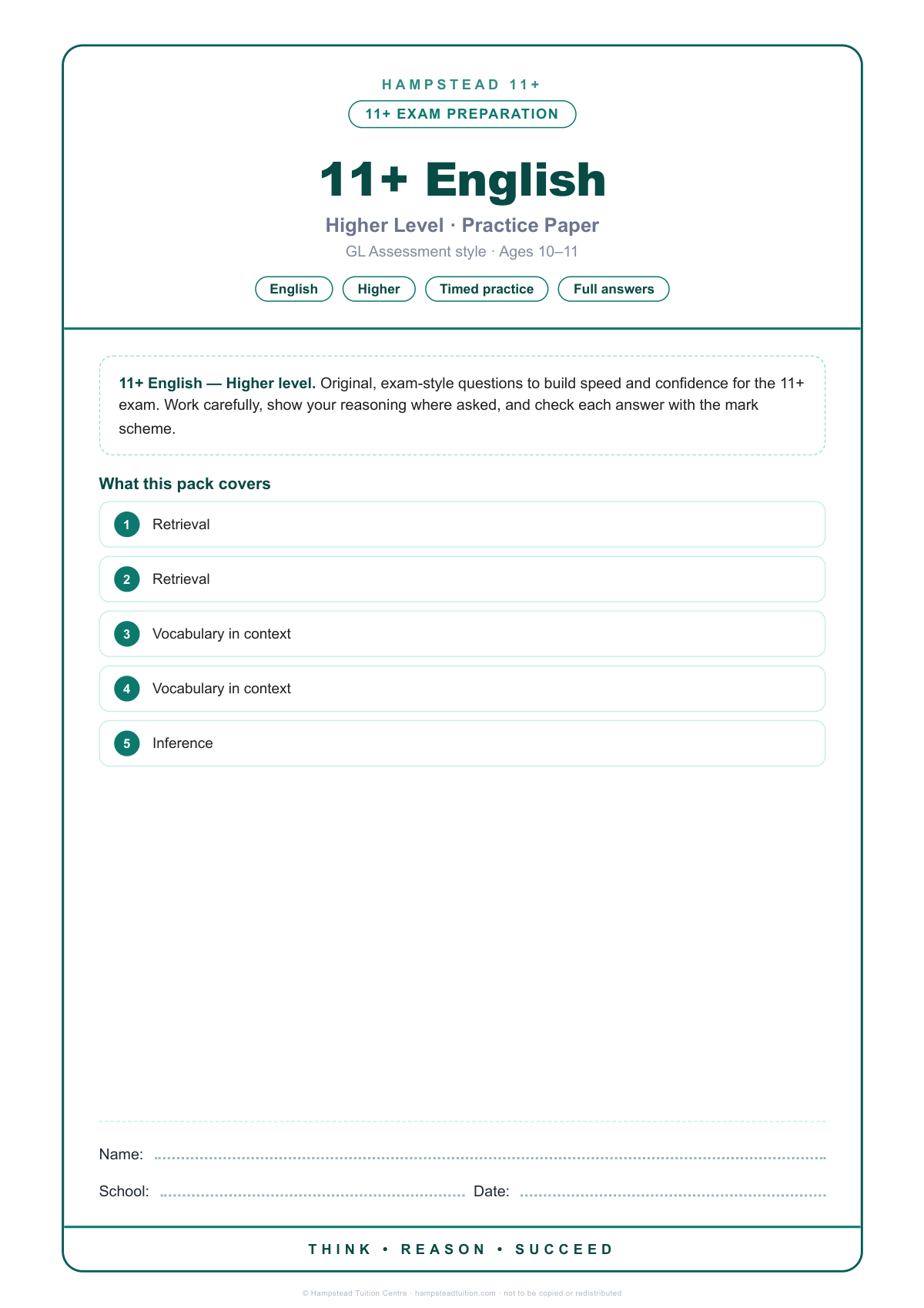 Hampstead 11+ English · Higher