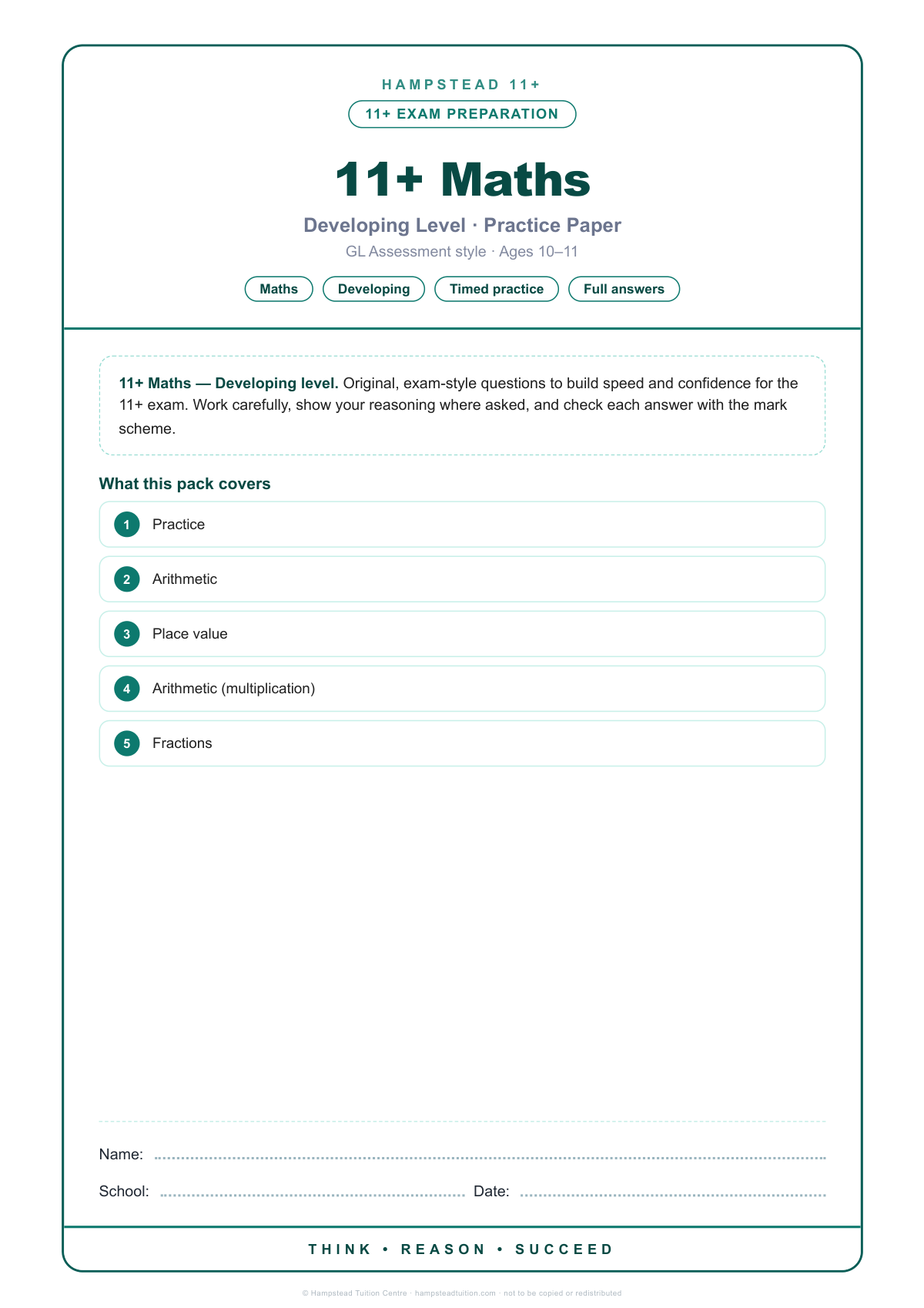 Hampstead 11+ Maths · Developing