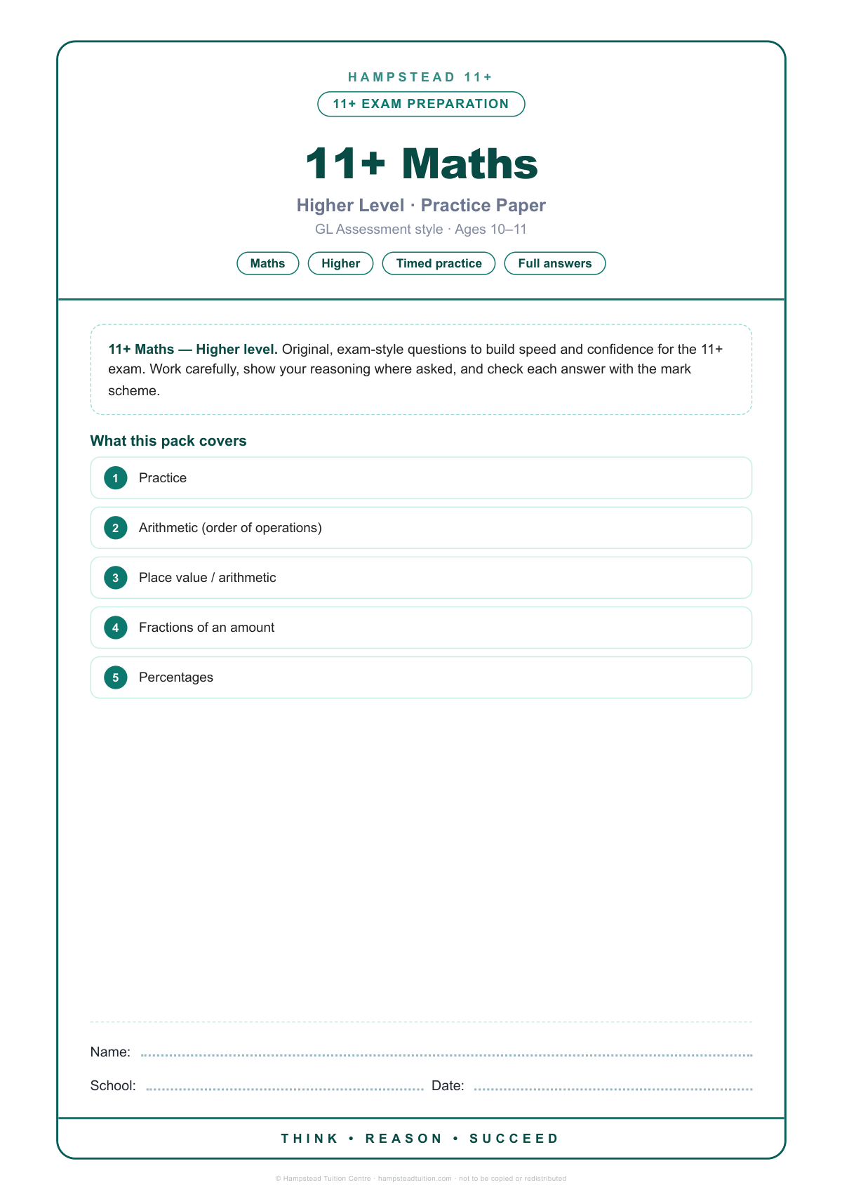 Hampstead 11+ Maths · Higher