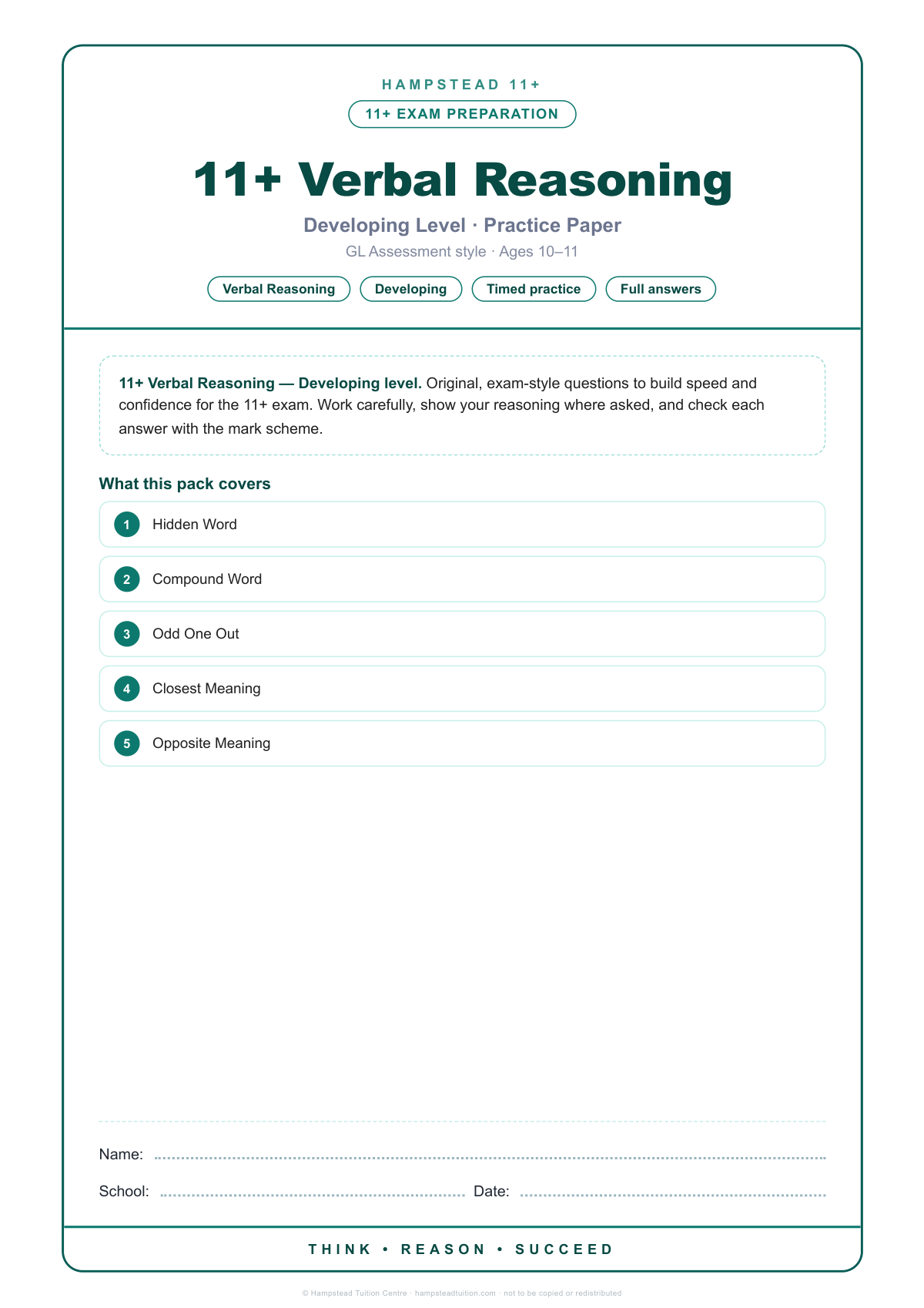 Hampstead 11+ Verbal Reasoning · Developing