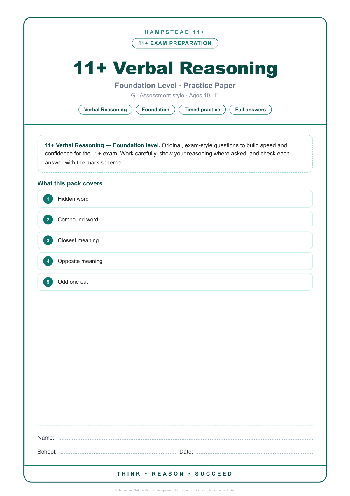 Hampstead 11+ Verbal Reasoning · Foundation
