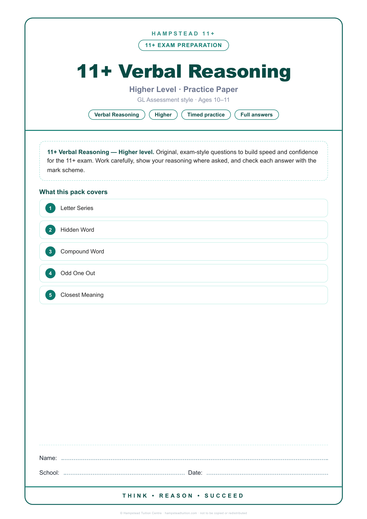 Hampstead 11+ Verbal Reasoning · Higher